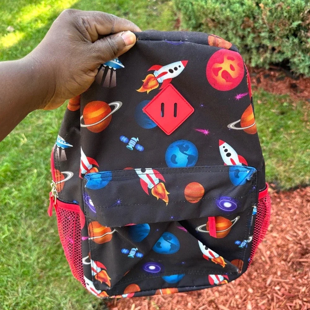 Solar System Space Rockets Planets Little Kids School Bag Backpack Black Red